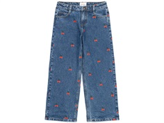 Kids ONLY light medium blue denim/embroidered blue hearts wide jeans